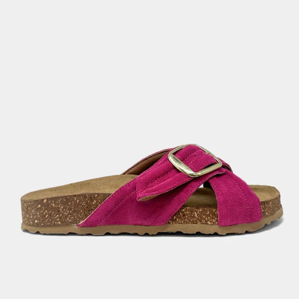 New in box. Bianca sandal ShuShop. Fuschia. Italian Suede. Gold buckle. Multiple